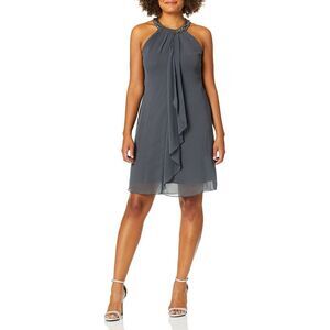 S.L. Fashions Women's Jewel Neck Halter Dress, Steel, 4P